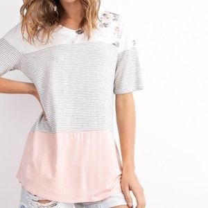 143 Story pink, gray, floral and striped top